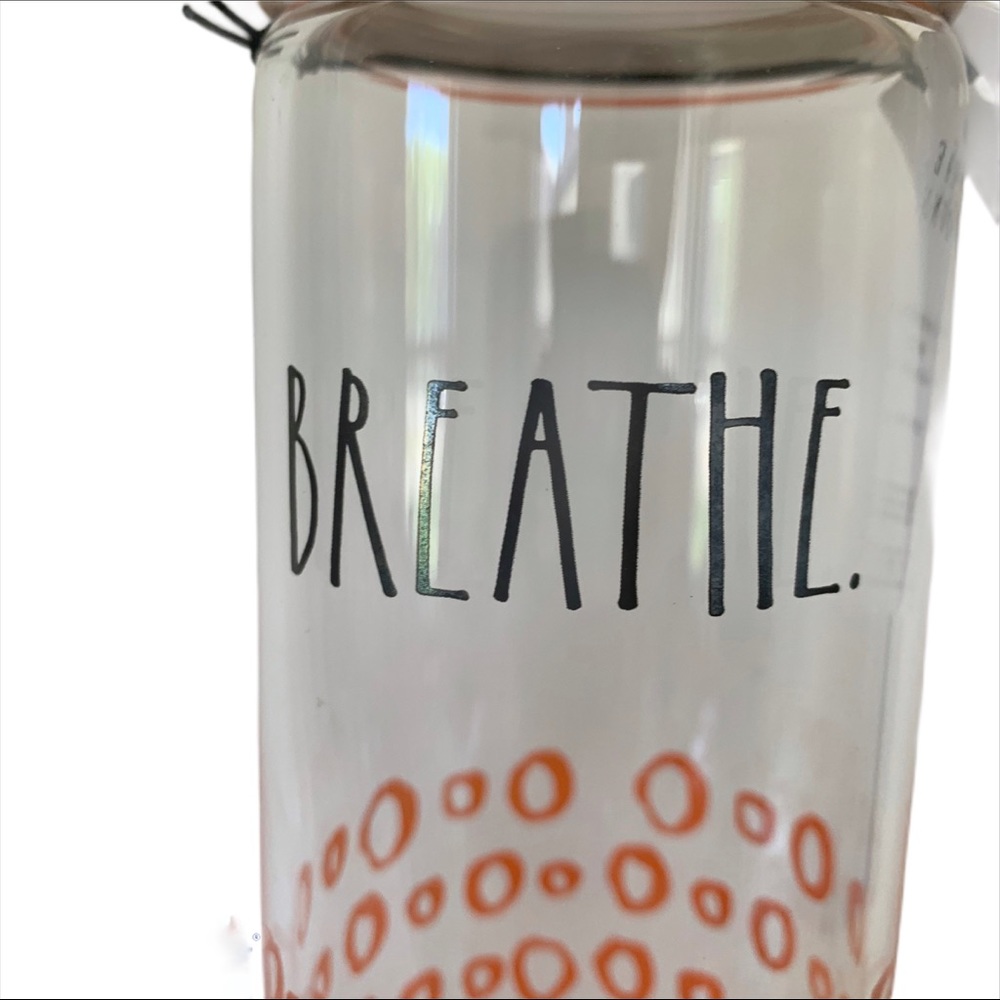 Rae Dunn BREATHE Glass Water Bottle NWT Wood Top Bead